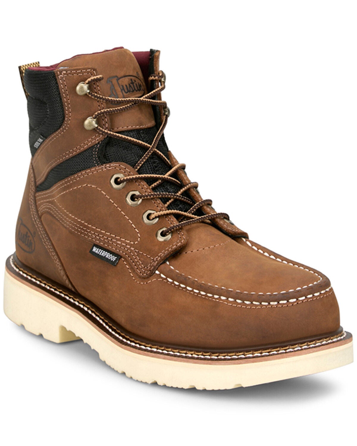 Image #1 - Justin Men's Bristol 6" Lace-Up Waterproof Moc Work Boots - Steel Toe, Brown, hi-res