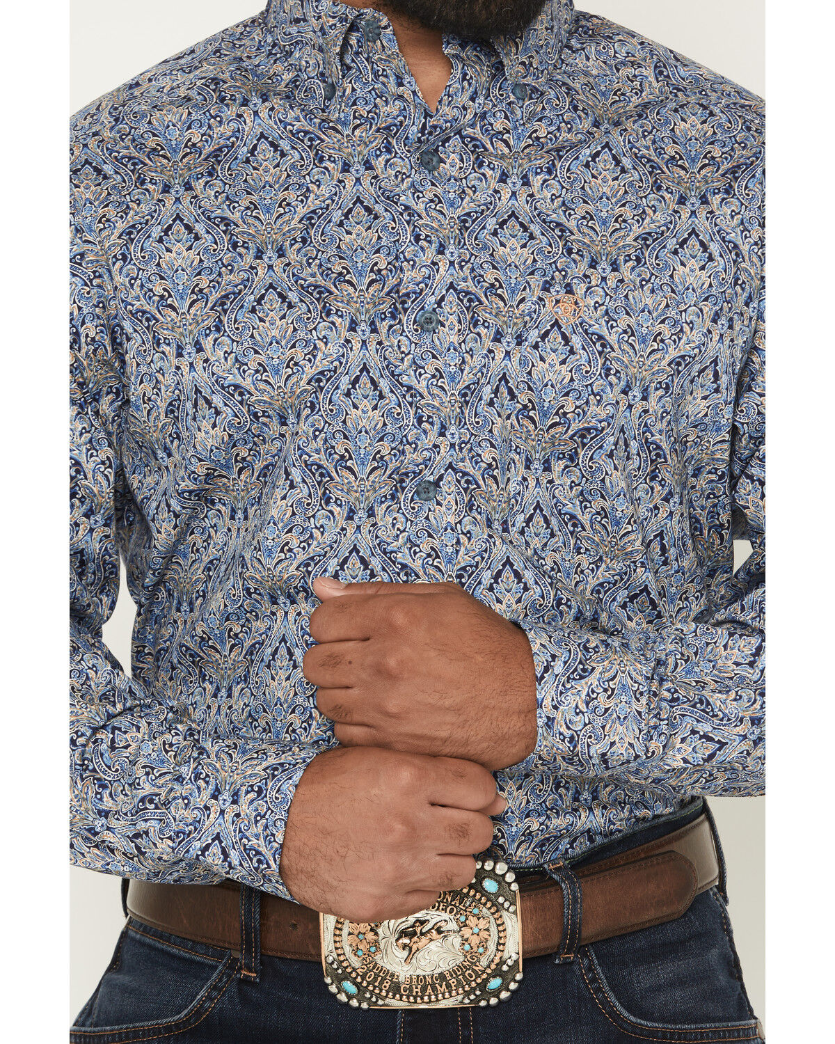 Image #3 - Ariat Men's Stoney Paisley Print Long Sleeve Button-Down Western Shirt, Blue, hi-res
