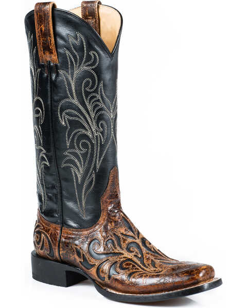 Image #1 - Stetson Women's Caroline Vintage Brown Overlay Western Boots - Square Toe, , hi-res