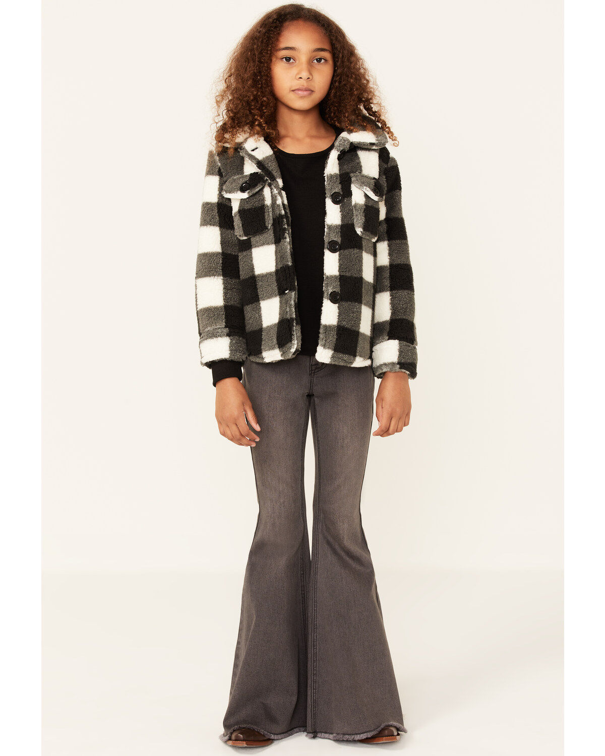 Image #4 - Urban Republic Little Girls' Plaid Print Sherpa Jacket, Black, hi-res