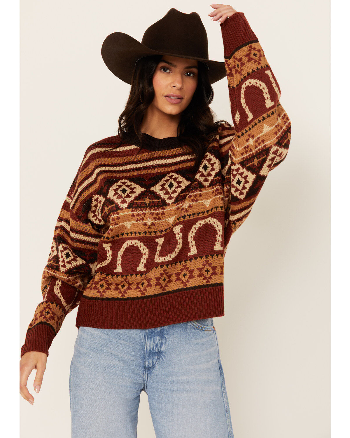 Image #2 - Wrangler Retro Women's Horseshoe Southwestern Print Sweater, Brown, hi-res