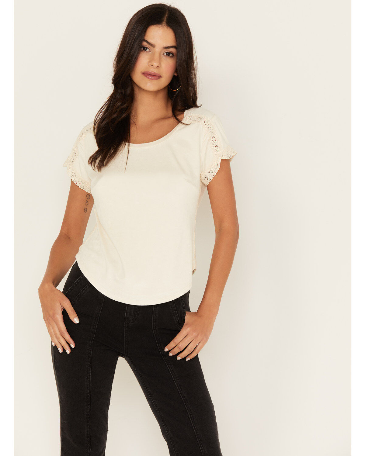 Image #1 - Shyanne Women's Crochet Trim Short Sleeve Faux Suede Tee, , hi-res