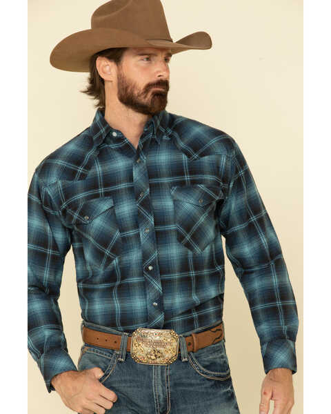 Resistol Men's Ombre Large Plaid Print Long Sleeve Western Snap Shirt , Blue, hi-res