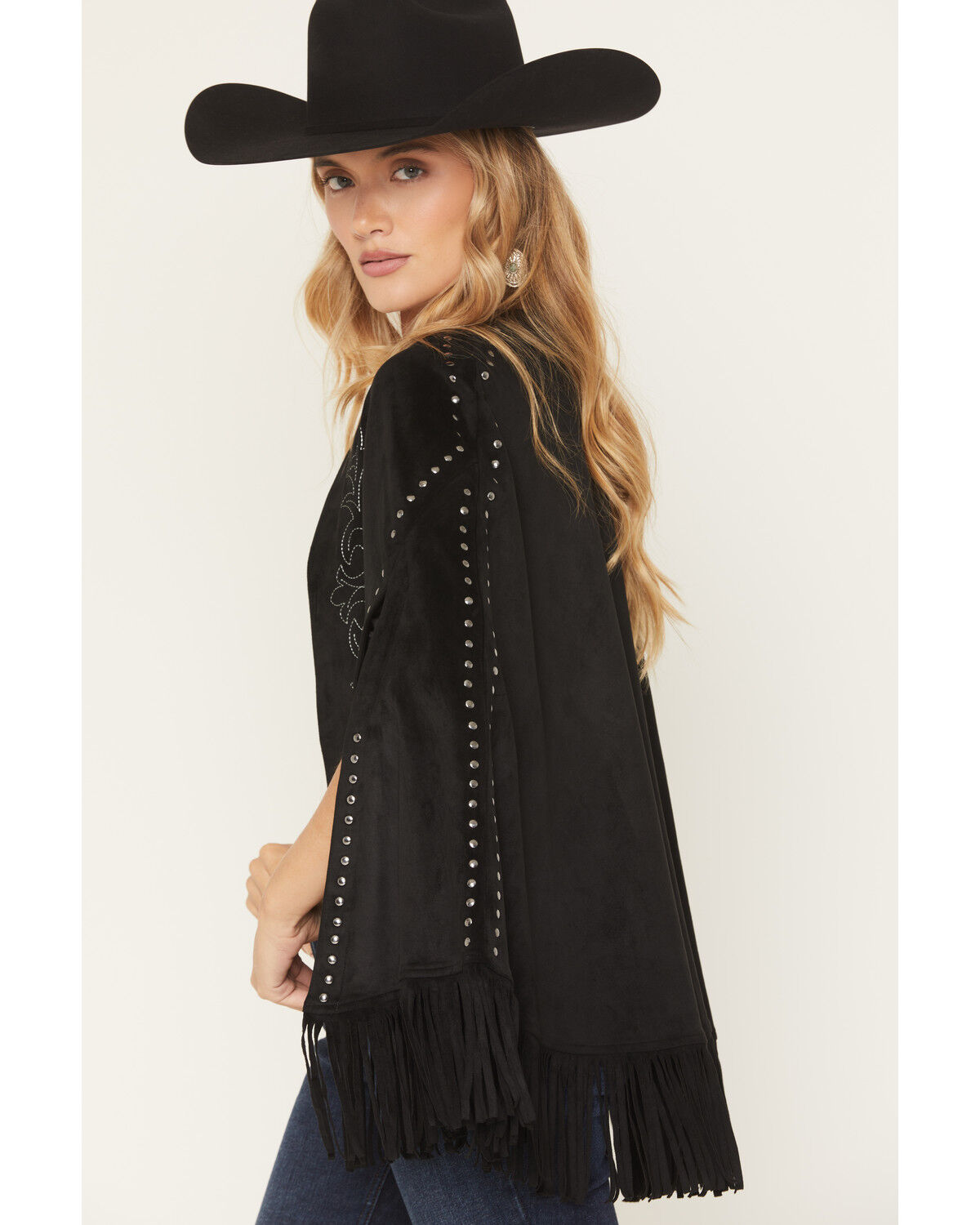 Image #2 - Rock & Roll Denim Women's Fringe Studded Faux Suede Embroidered Cap, Black, hi-res