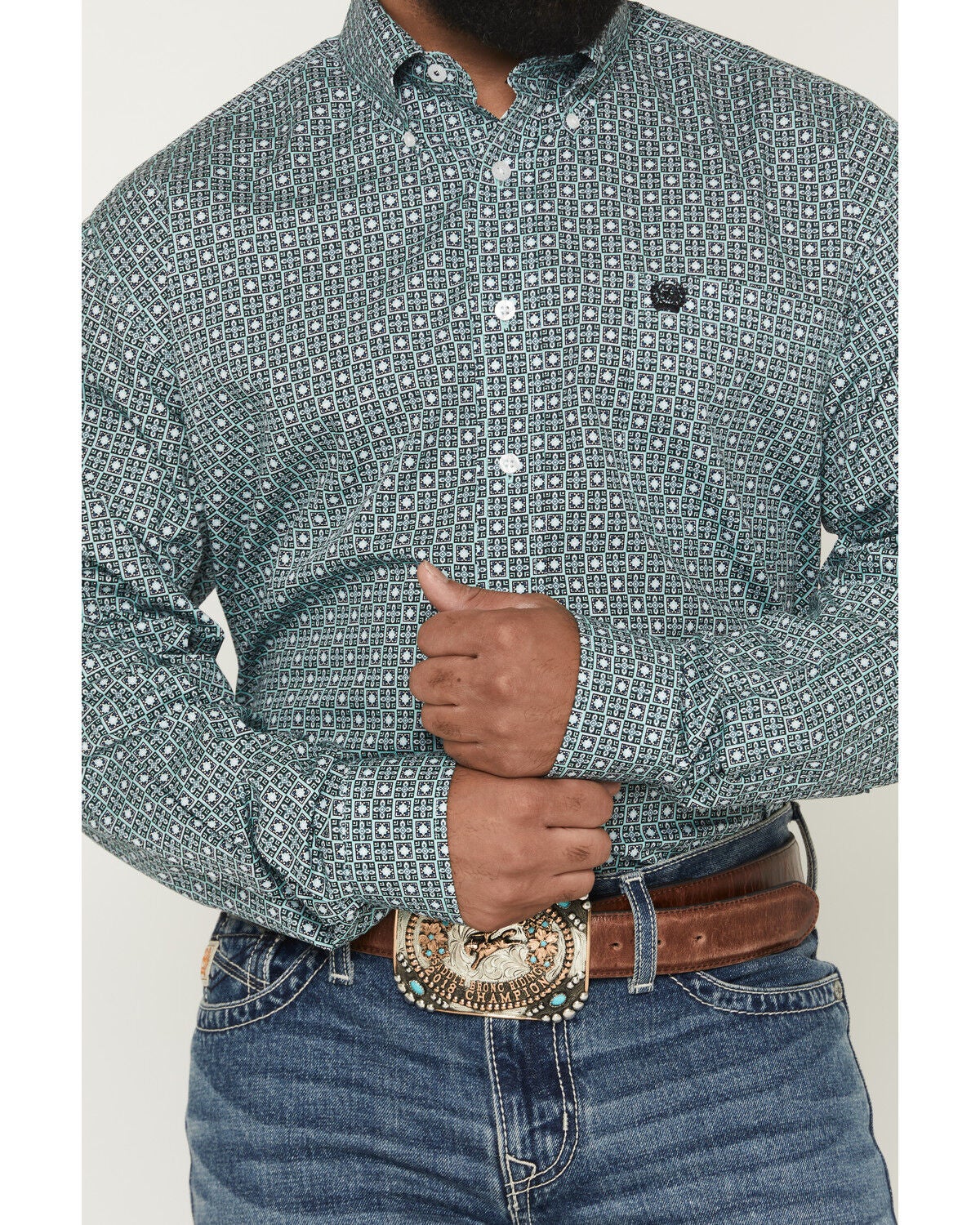 Image #3 - Cinch Men's Geo Print Long Sleeve Button-Down Western Shirt, Green, hi-res