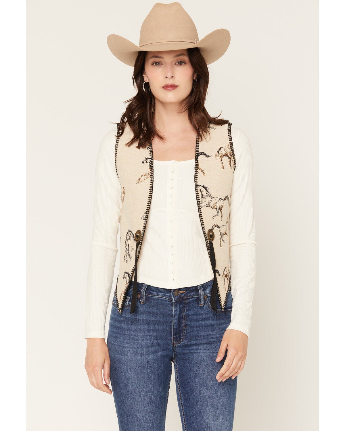 Fornia Women's Running Horse Whip Stitch Vest, Natural, hi-res