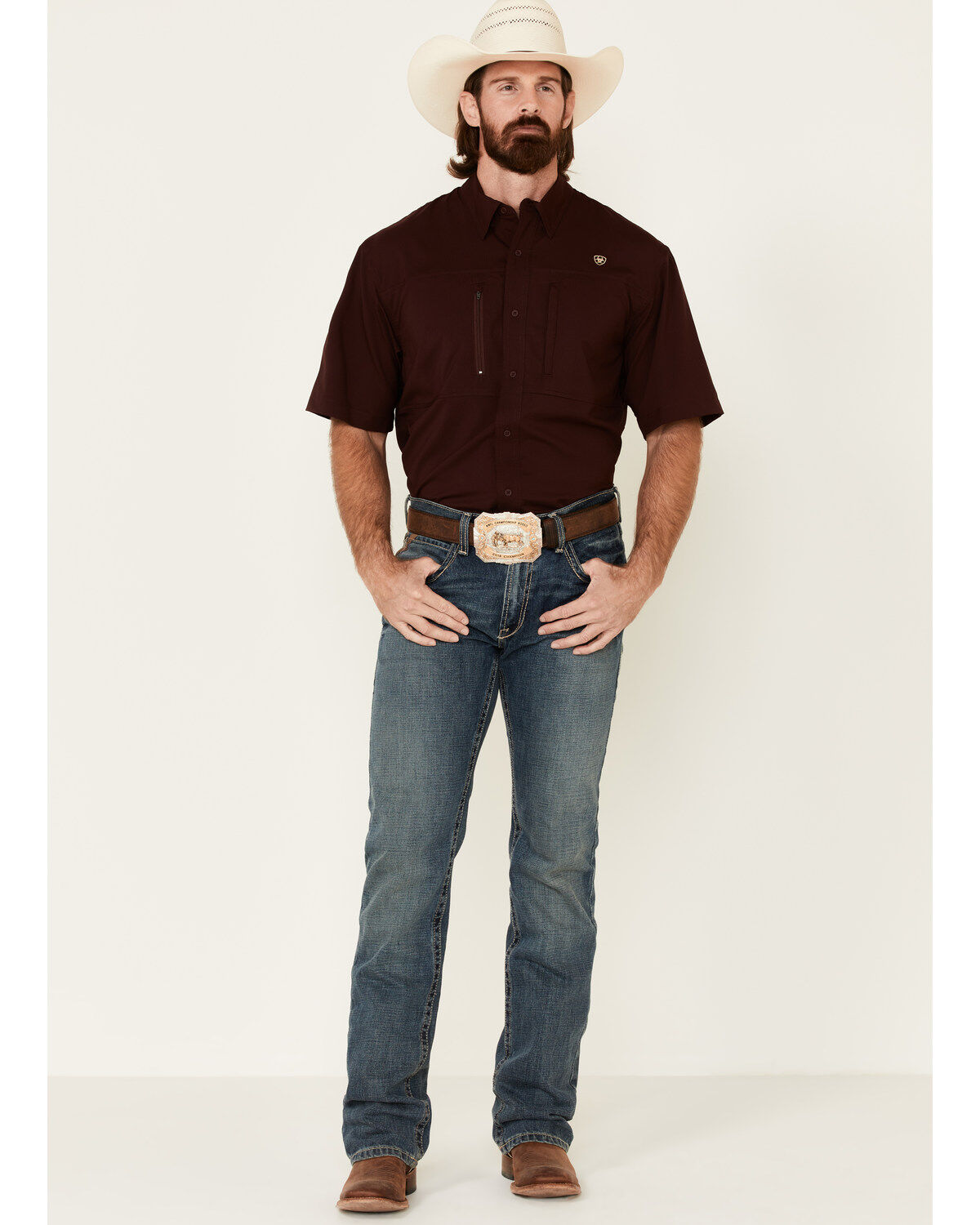 Image #2 - Ariat Men's Solid Maroon TEK Short Sleeve Button-Down Western Shirt, Burgundy, hi-res