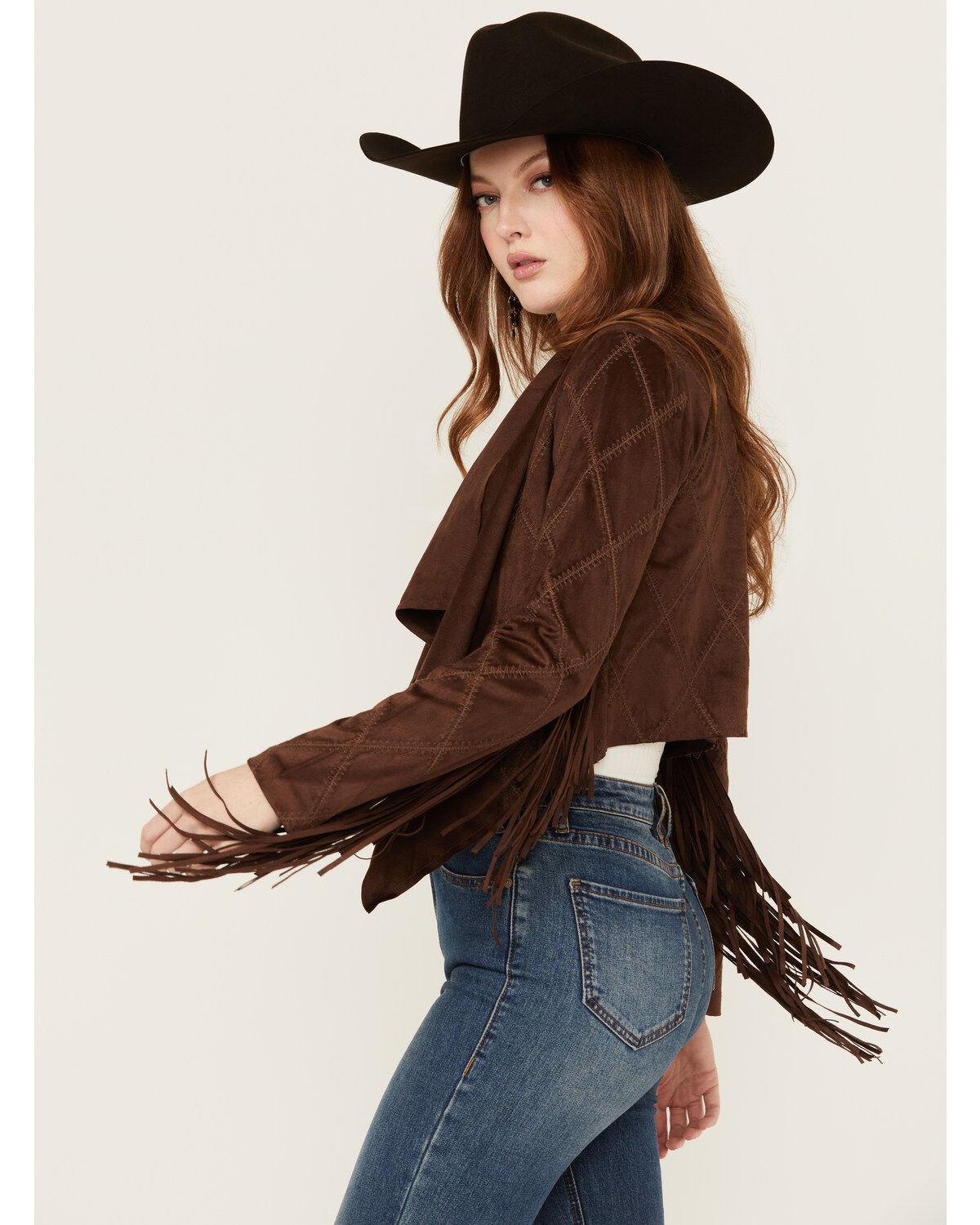 Image #2 - Shyanne Women's Open Front Faux Suede Fringe Jacket, Dark Brown, hi-res