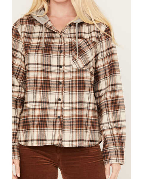 Image #3 - Cleo + Wolf Women's Tau Plaid Print Hooded Flannel Long Sleeve Shirt, Taupe, hi-res