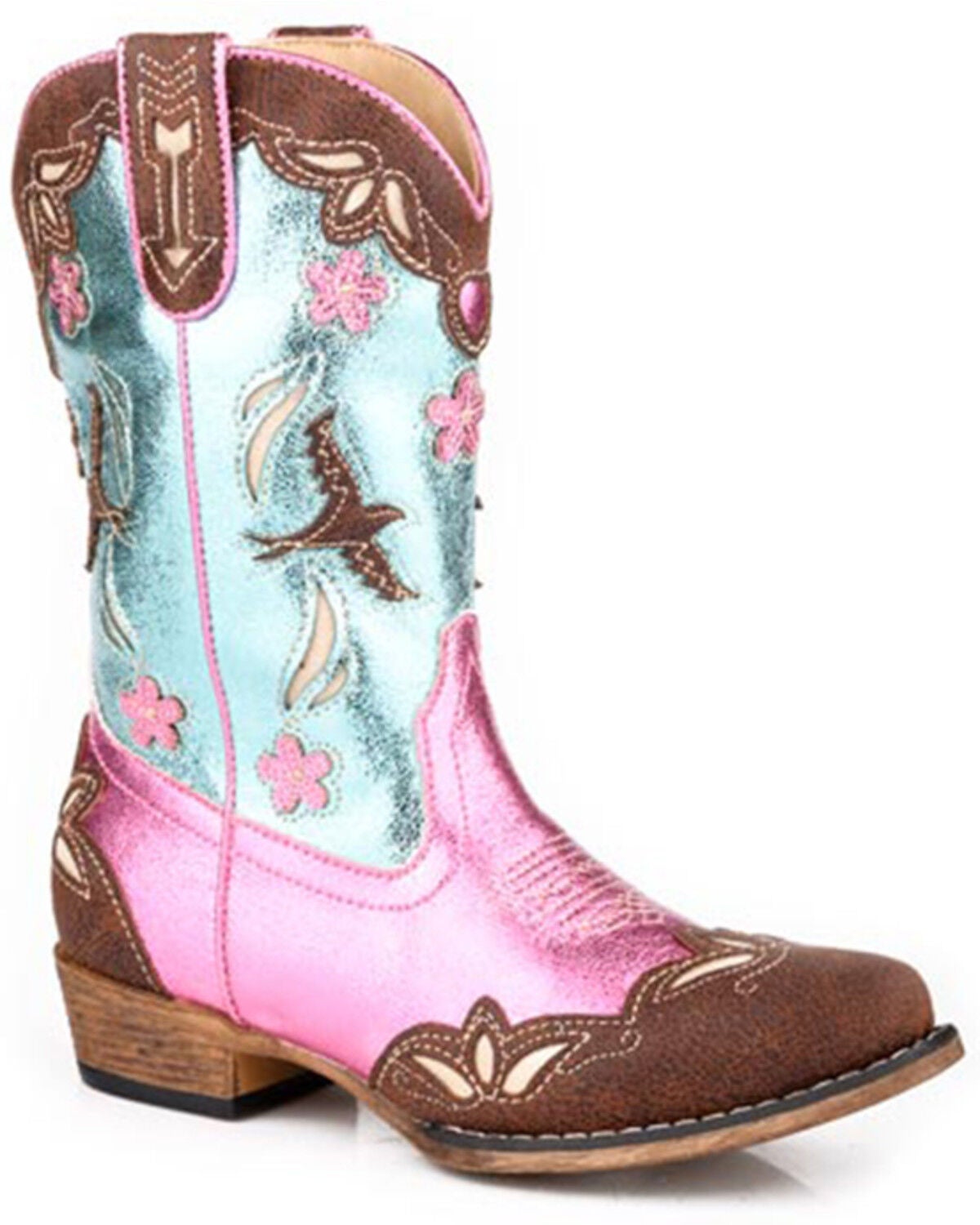 Roper Little Girls' Birdie Metallic Western Boots - Snip Toe, Brown, hi-res