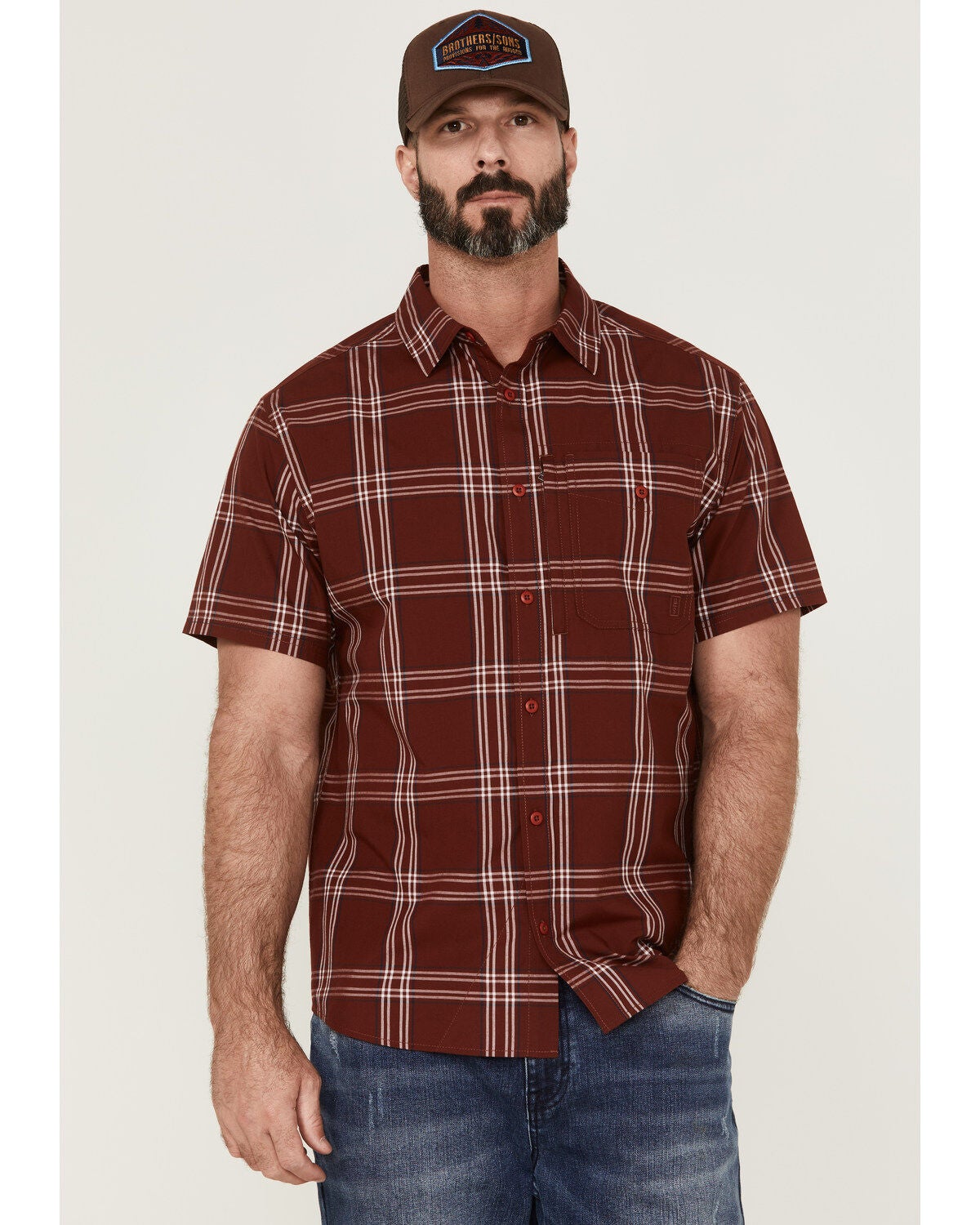 Brothers and Sons Men's Large Plaid Short Sleeve Button-Down Western Performance Shirt, Red, hi-res