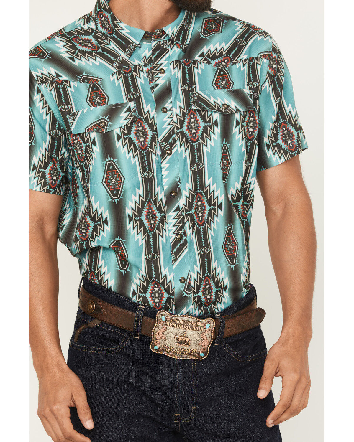 Product Name:  Rock & Roll Denim Men's Boot Barn Exclusive Tek Southwestern Short Sleeve Snap Stretch Western Shirt