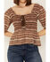 Shyanne Women's Smocked Lace-Up Print Top, Medium Brown, hi-res