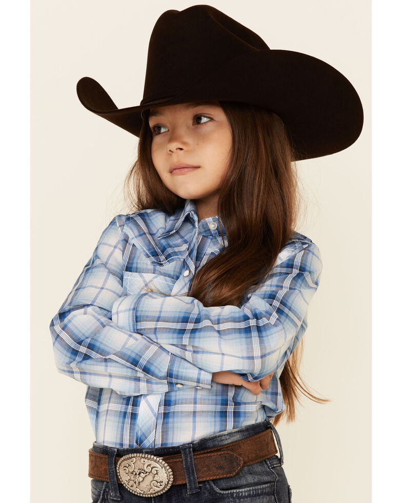 Ely Walker Girls' Plaid Long Sleeve Snap Western Shirt , Blue, hi-res