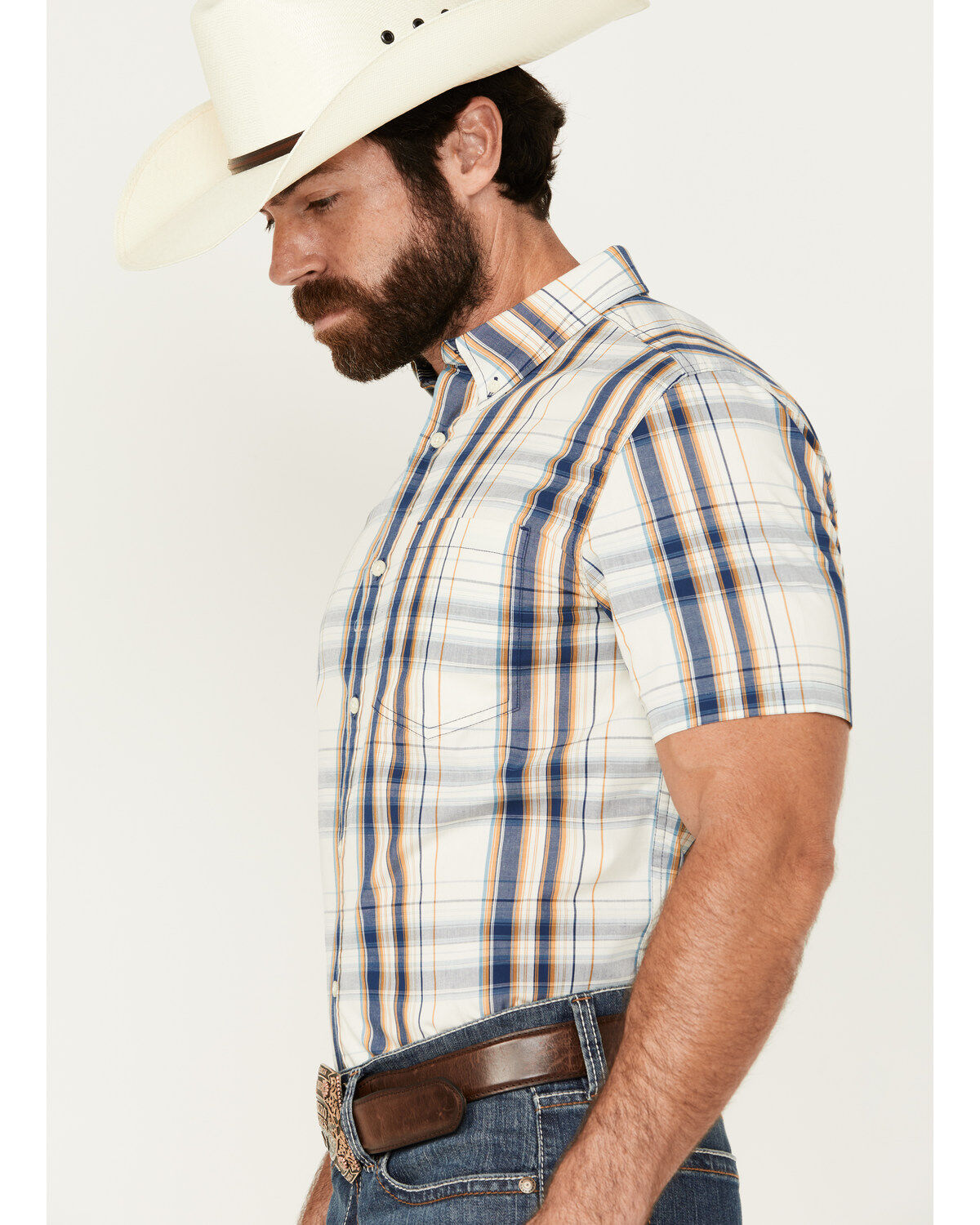 Image #2 - Cody James Men's Plaid Print Short Sleeve Button-Down Stretch Western Shirt, Ivory, hi-res