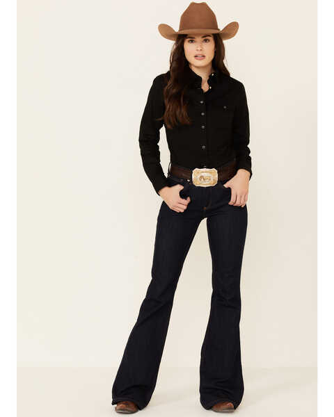 Image #3 - Wrangler Women's Long Sleeve Snap Stretch Western Top, Black, hi-res