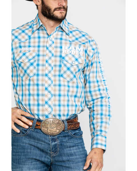 Wrangler Men's Plaid Ram Logo Long Sleeve Western Shirt , Blue, hi-res