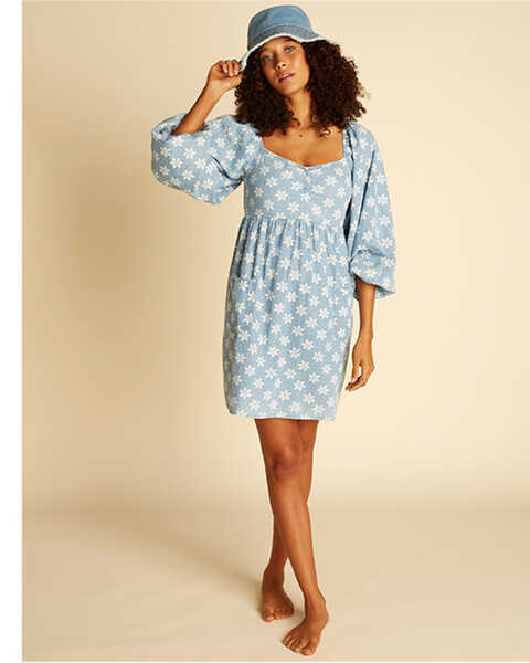 Billabong x Wrangler Women's Just A Dream Floral Print Long Sleeve Denim Mini Dress, Blue, hi-res