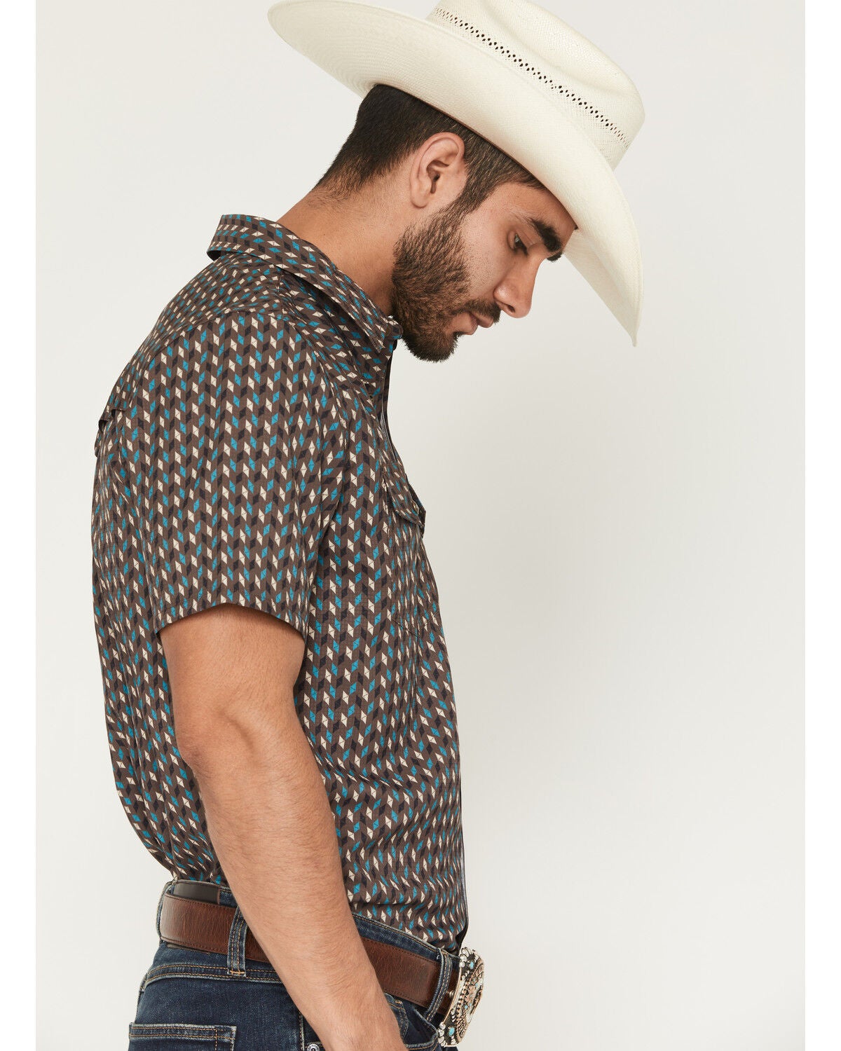 Image #2 - RANK 45&reg; Men's Diamond Geo Print Short Sleeve Snap Performance Shirt, Brown, hi-res