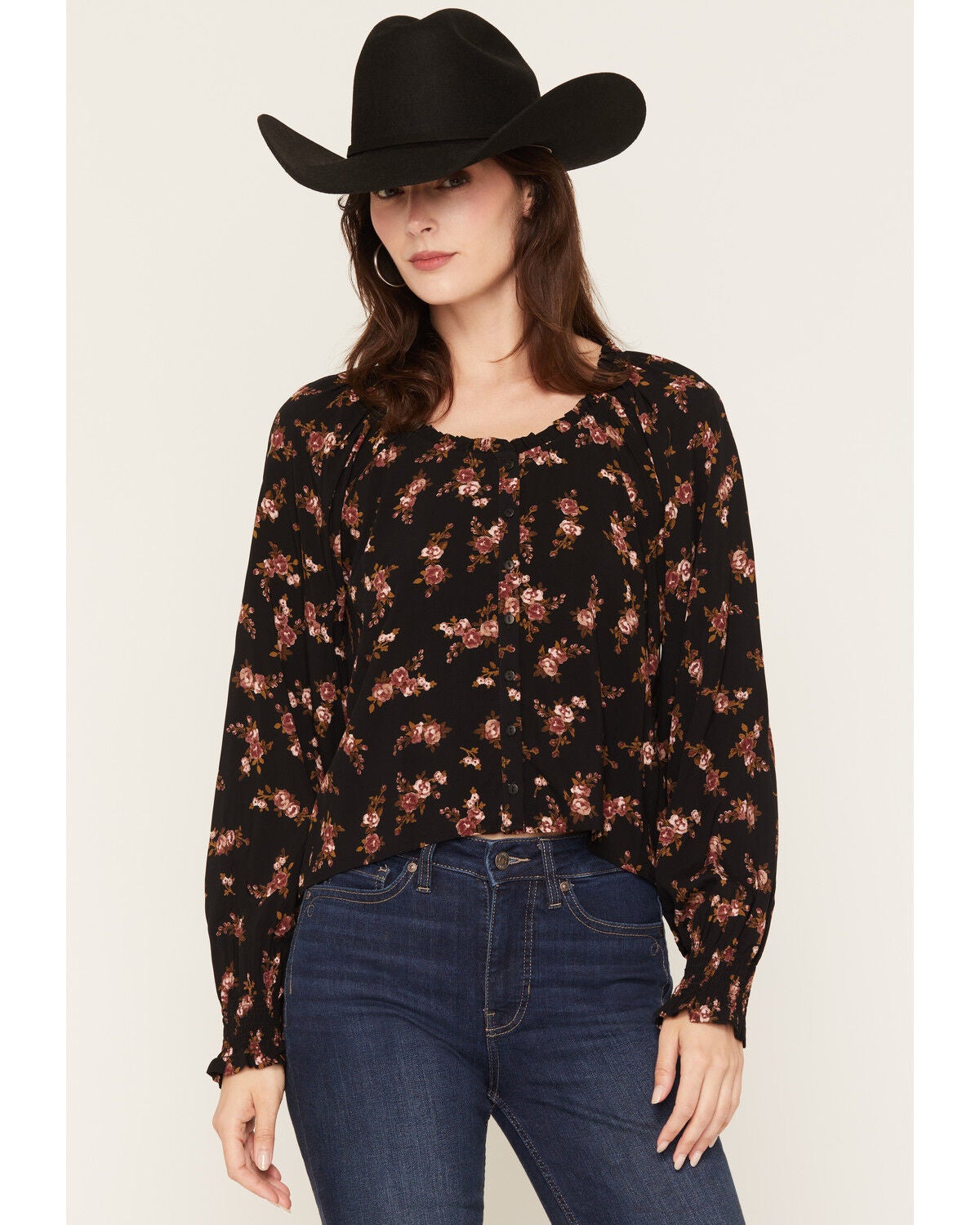 Saltwater Luxe Women's Nera Floral Print Long Sleeve Blouse, Black, hi-res