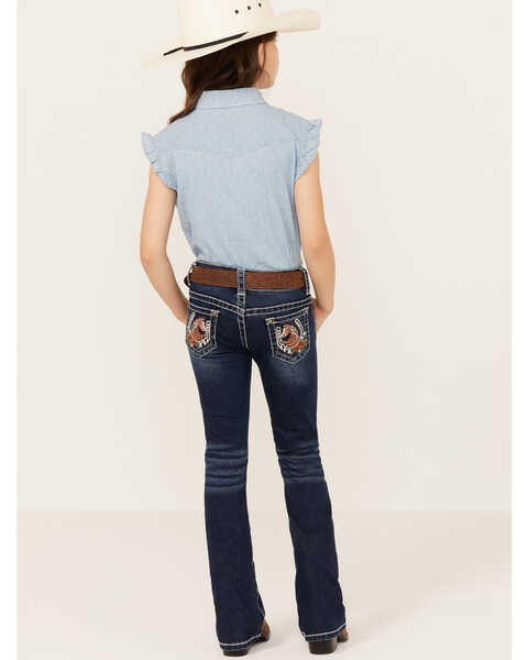 Shyanne Girls' Dark Wash Horseshoe Pocket Bootcut Stretch Denim Jeans , Medium Wash, hi-res
