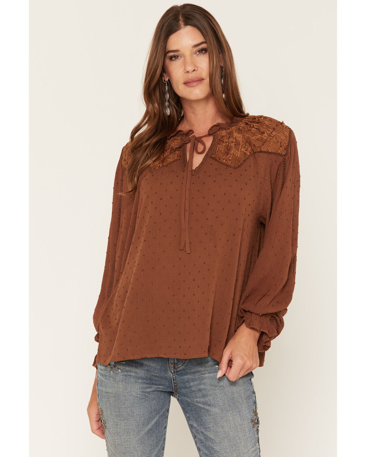 Miss Me Women's Lace Trim Long Sleeve Peasant Blouse, Camel, hi-res