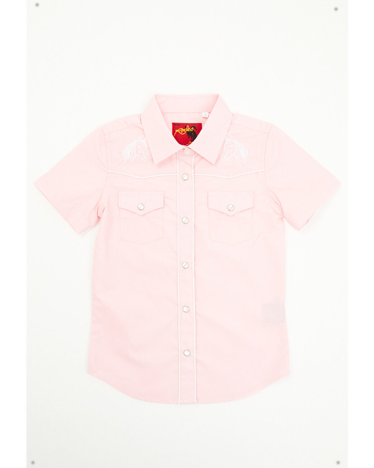 Rodeo Clothing Girls' Horse Embroidered Short Sleeve Pearl Snap Western Shirt, Pink, hi-res