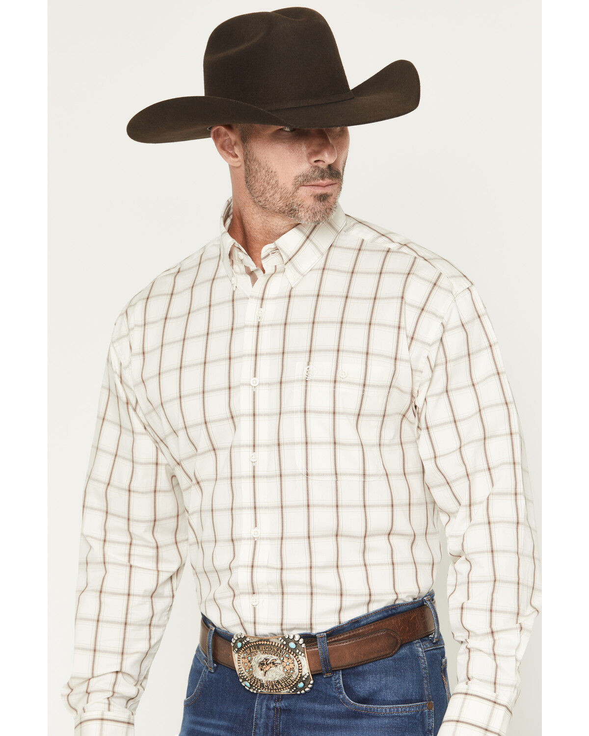 Image #2 - George Strait by Wrangler Men's Plaid Print Long Sleeve Button-Down Stretch Western Shirt, Cream, hi-res