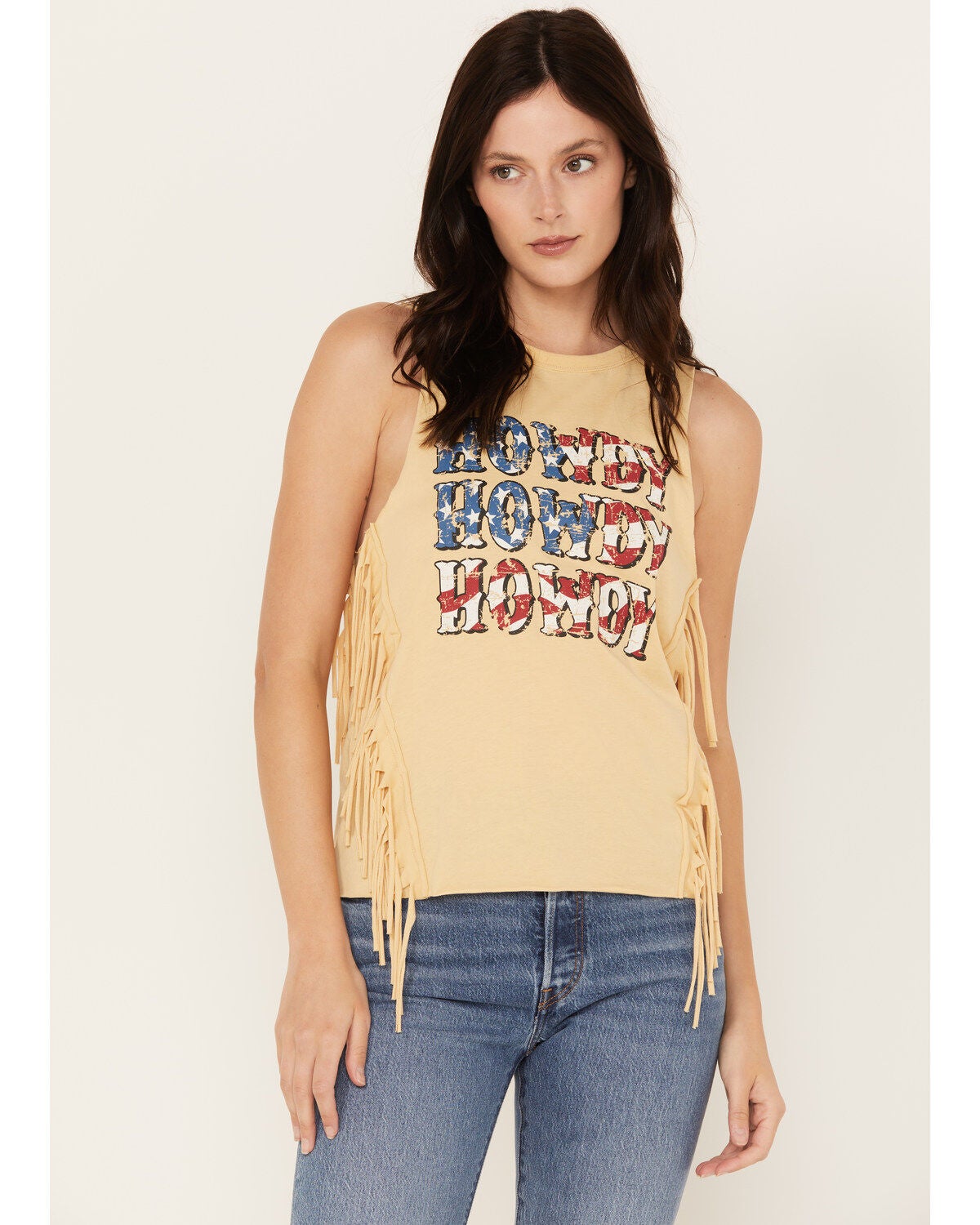 Rock & Roll Denim Women's Howdy Fringe Graphic Tank, Light Yellow, hi-res