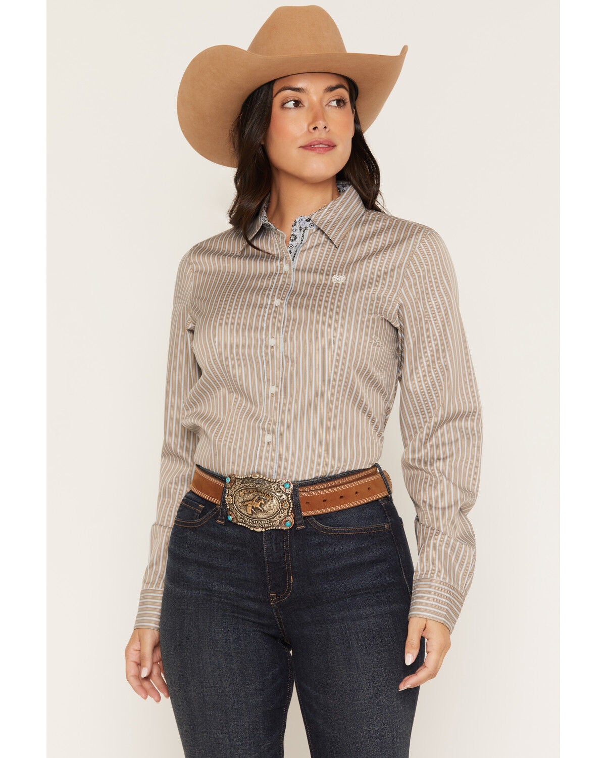 Cinch Women's TENCEL Striped Long Sleeve Button-Down Western Shirt, Brown, hi-res