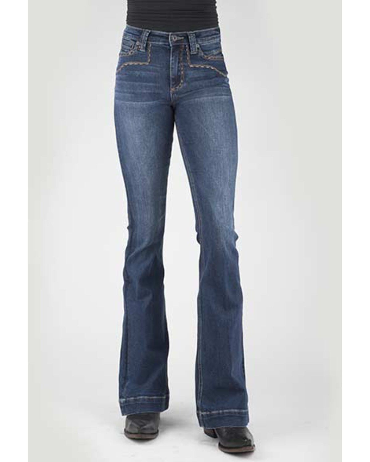 Stetson Women's 921 Medium Wash High Rise Yoke Flare Jean, Blue, hi-res