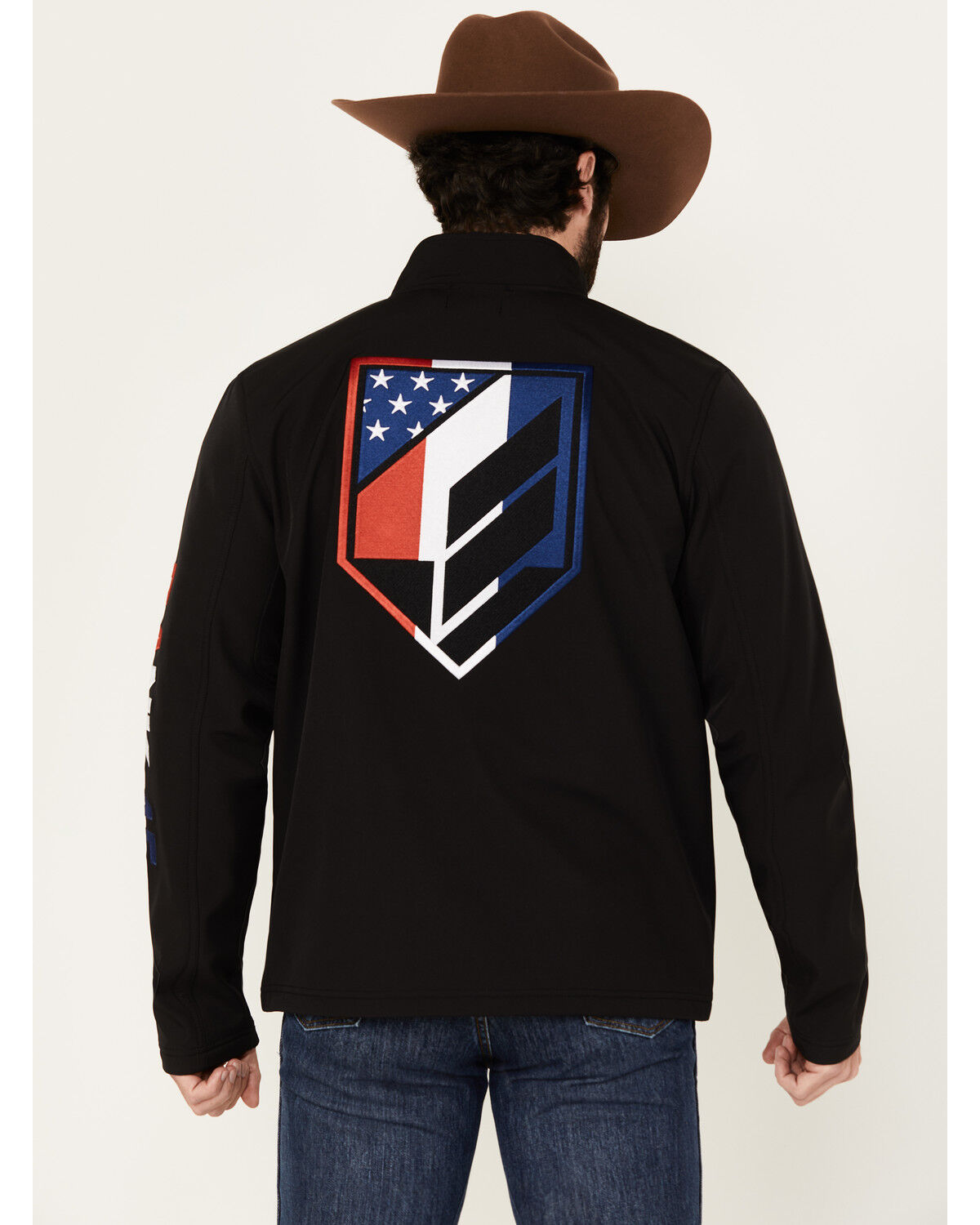 Image #1 - RANK 45® Men's American Flag Logo Softshell Jacket, Black, hi-res