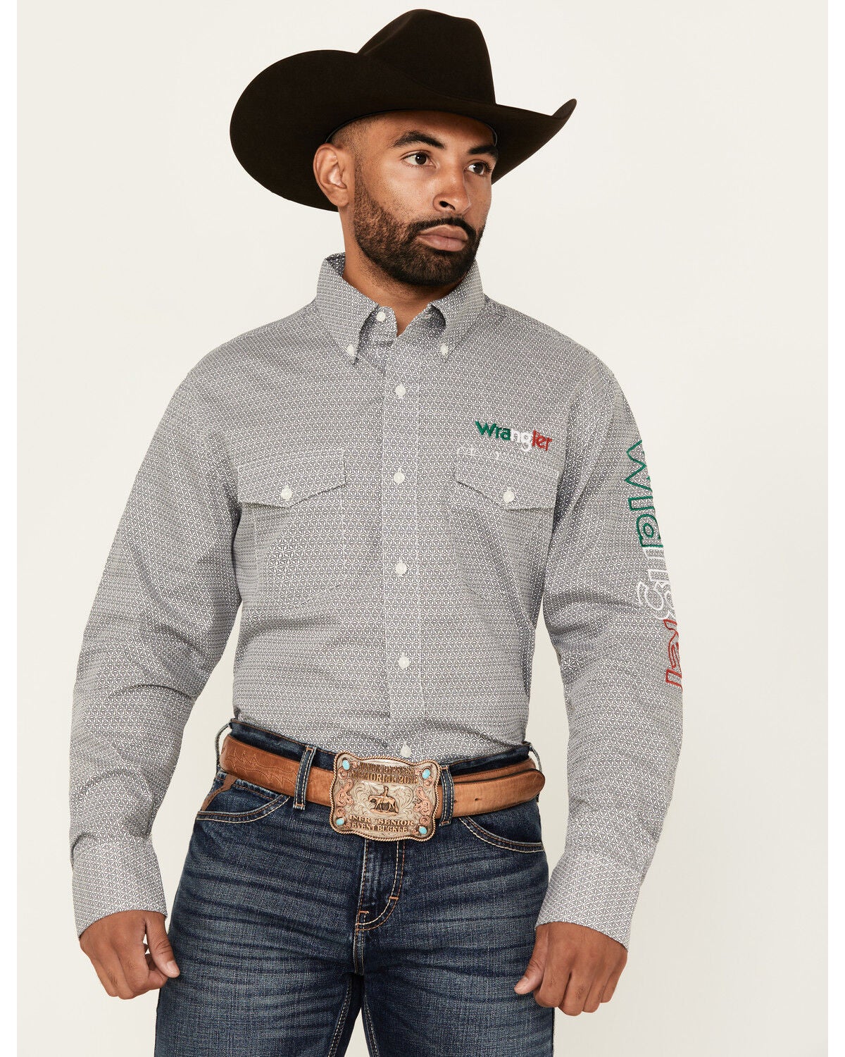 Wrangler Men's Mexico Flag Logo Geo Print Long Sleeve Button-Down Western Shirt, Grey, hi-res