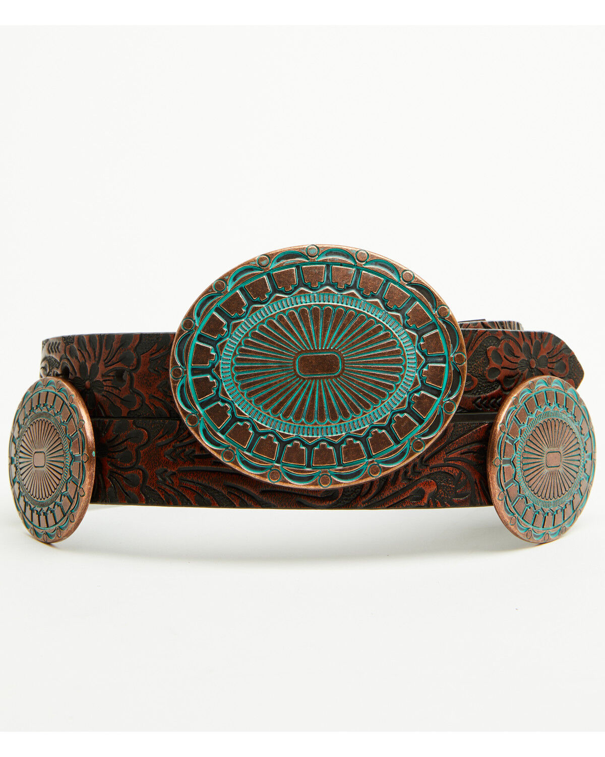 Image #1 - Shyanne Women's Prairie Tooled Leather Concho Belt, Brown, hi-res
