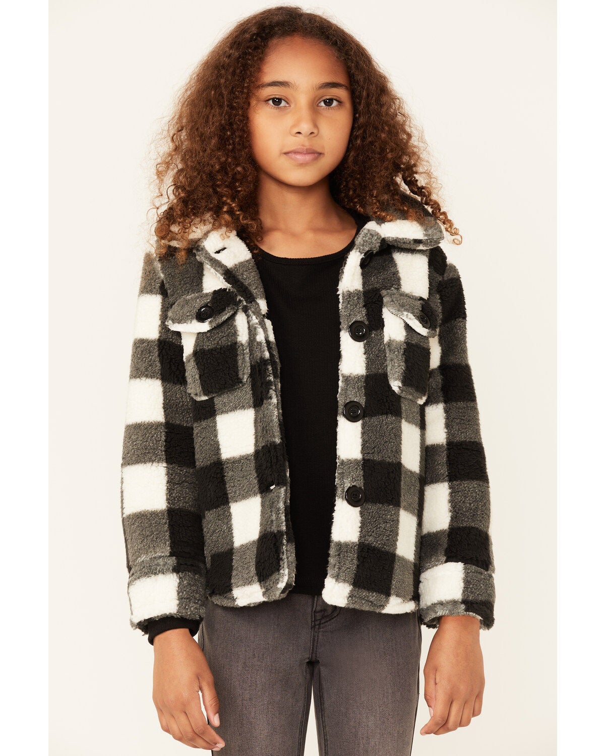 Urban Republic Girls' Plaid Sherpa Button-Down Shacket - Black