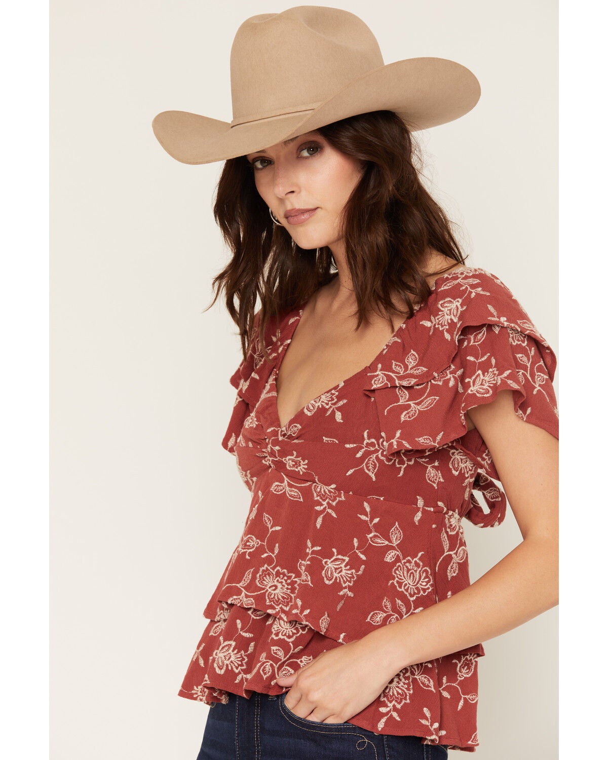 Image #2 - Originality Women's Boot Barn Exclusive Floral Embroidered Tiered Tie Back Top, Rose, hi-res