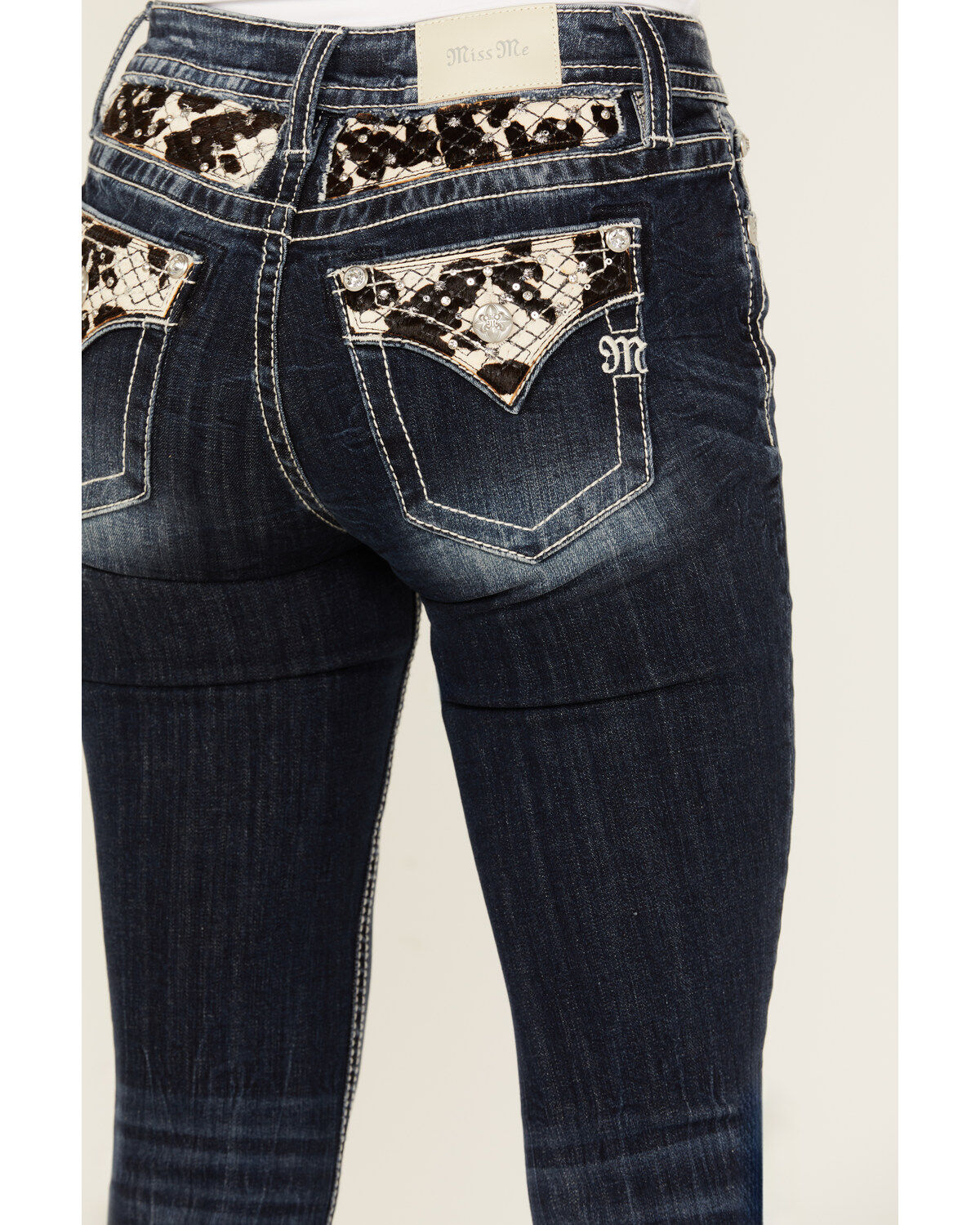 Image #2 - Miss Me Women's Medium Wash Mid Rise Cow Print Pocket Bootcut Stretch Denim Jeans, , hi-res