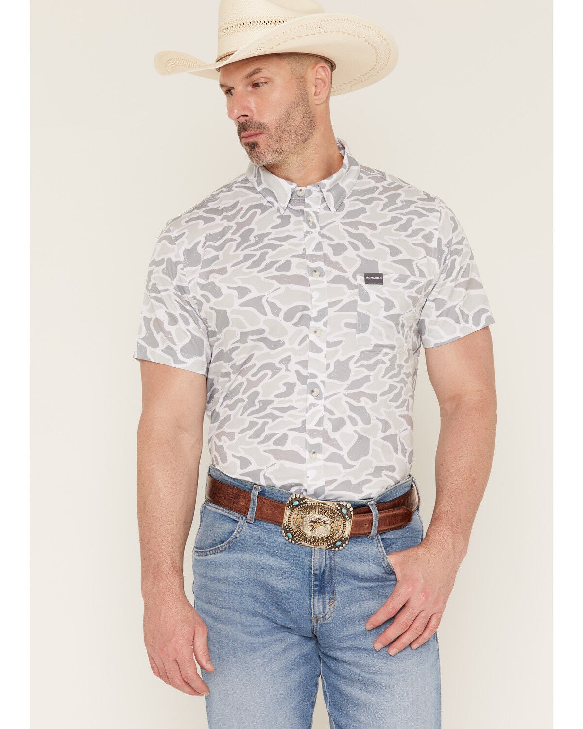 Burlebo Men's Camo Print Short Sleeve Button-Down Western Shirt, Camouflage, hi-res