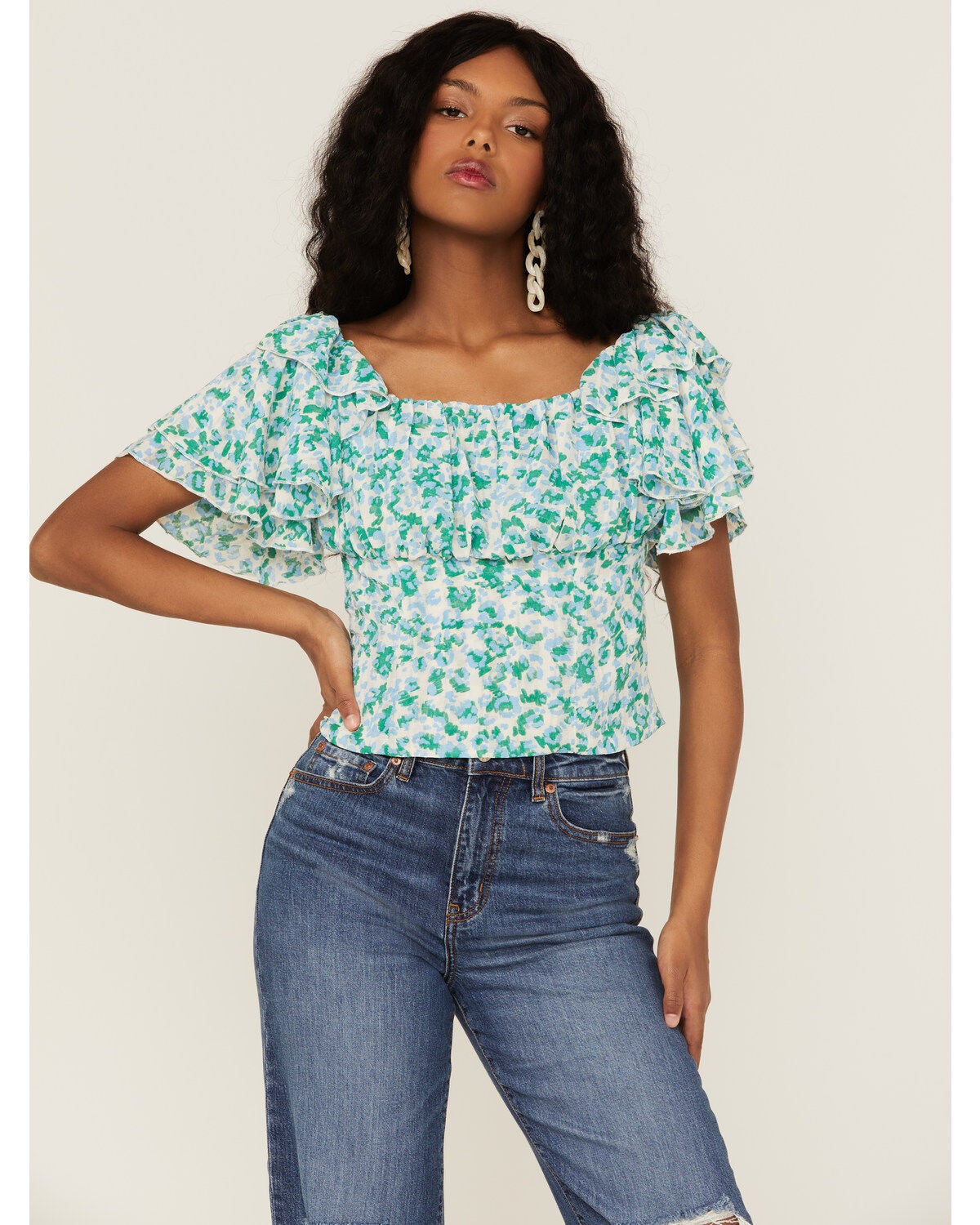 Molly Bracken Women's Floral Pattern Ruffle Sleeve Top, Blue, hi-res