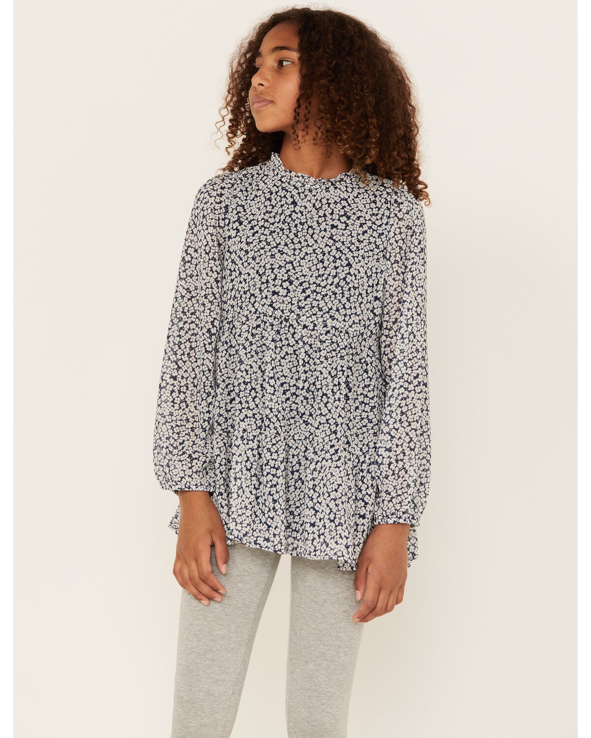Hayden Girls' Ditsy Floral Long Sleeve Ruffle Top, Blue, hi-res
