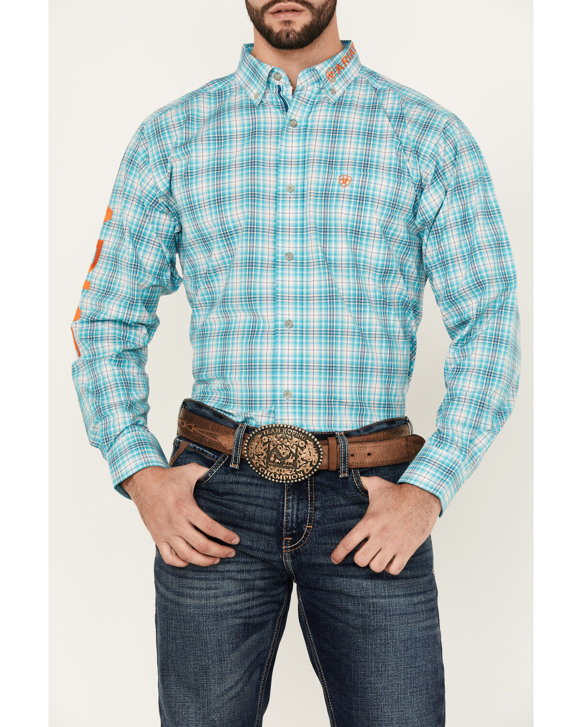 Image #3 - Ariat Men's Vincent Plaid Print Logo Long Sleeve Button-Down Western Shirt, Turquoise, hi-res