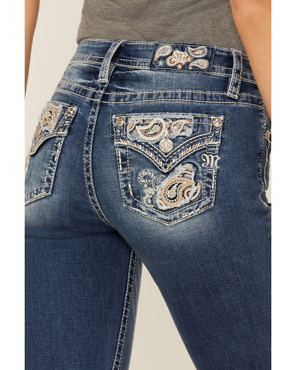 Product Name:  Miss Me Women's Dark Wash Mid Rise Paisley Pocket Bootcut Stretch Denim Jeans