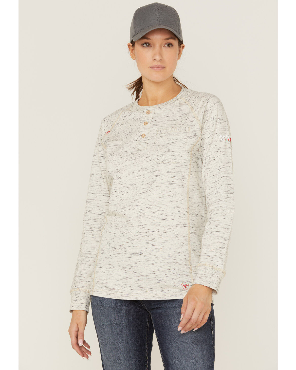 Image #1 - Ariat Women's FR Air Henley Long Sleeve Work Pocket Shirt, Heather Grey, hi-res