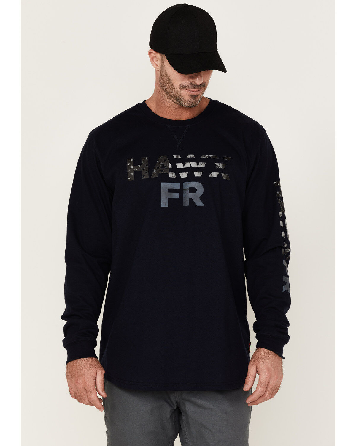 Image #1 - Hawx Men's FR Flag Logo Graphic Long Sleeve Work T-Shirt, Navy, hi-res