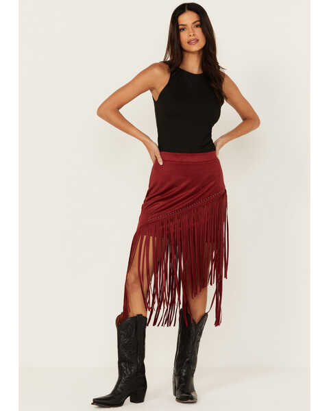 Idyllwind Women's Shiloh Faux Suede Asymmetrical Fringe Skirt , Dark Red, hi-res