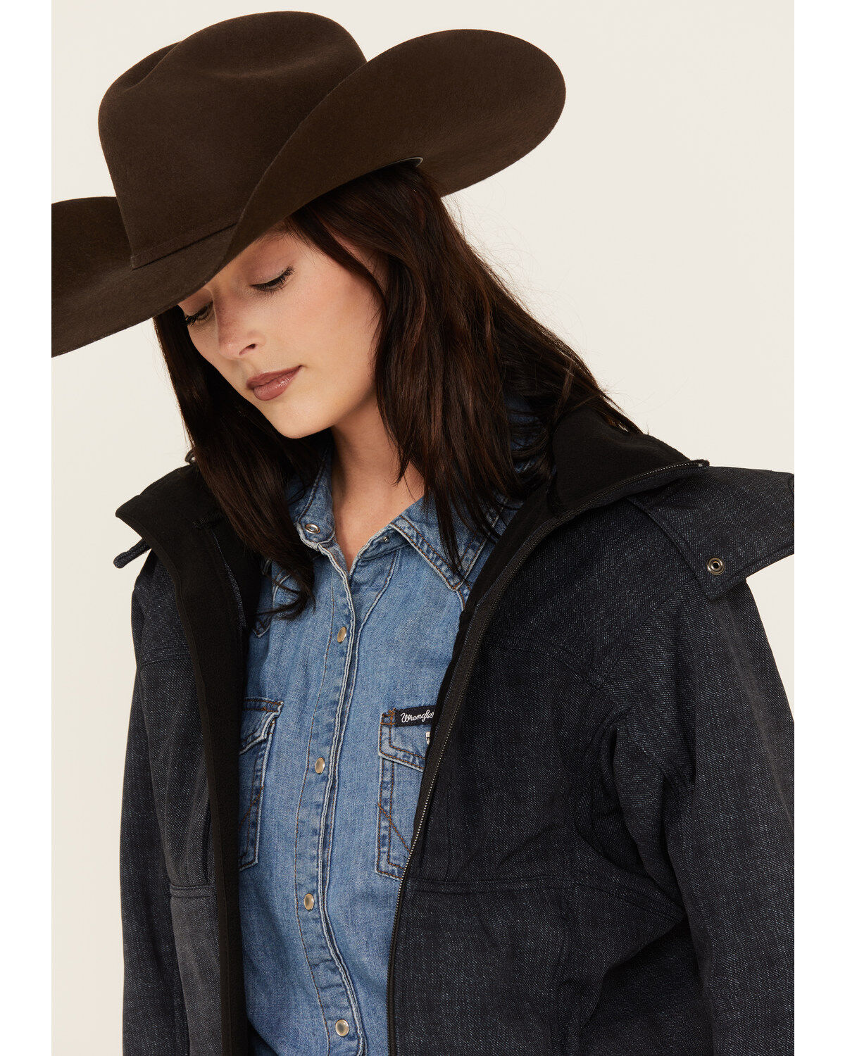 Image #3 - STS Ranchwear by Carroll Women's Dark Wash Denim Print Softshell Weston Hooded Jacket, Dark Wash, hi-res