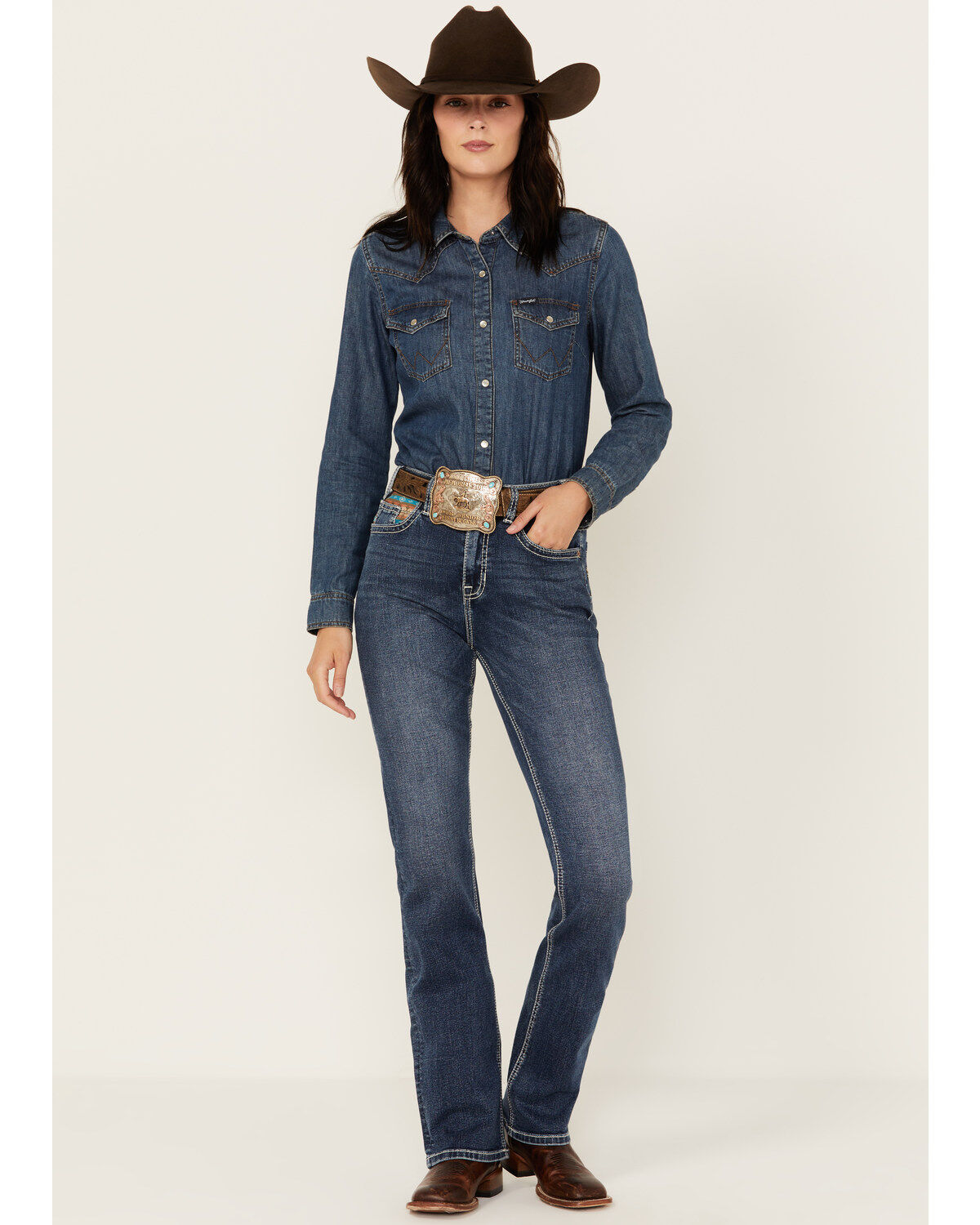 Image #3 - Hooey by Rock & Roll Denim Women's Medium Wash High Rise Southwestern Print Stretch Bootcut Jeans, Medium Wash, hi-res
