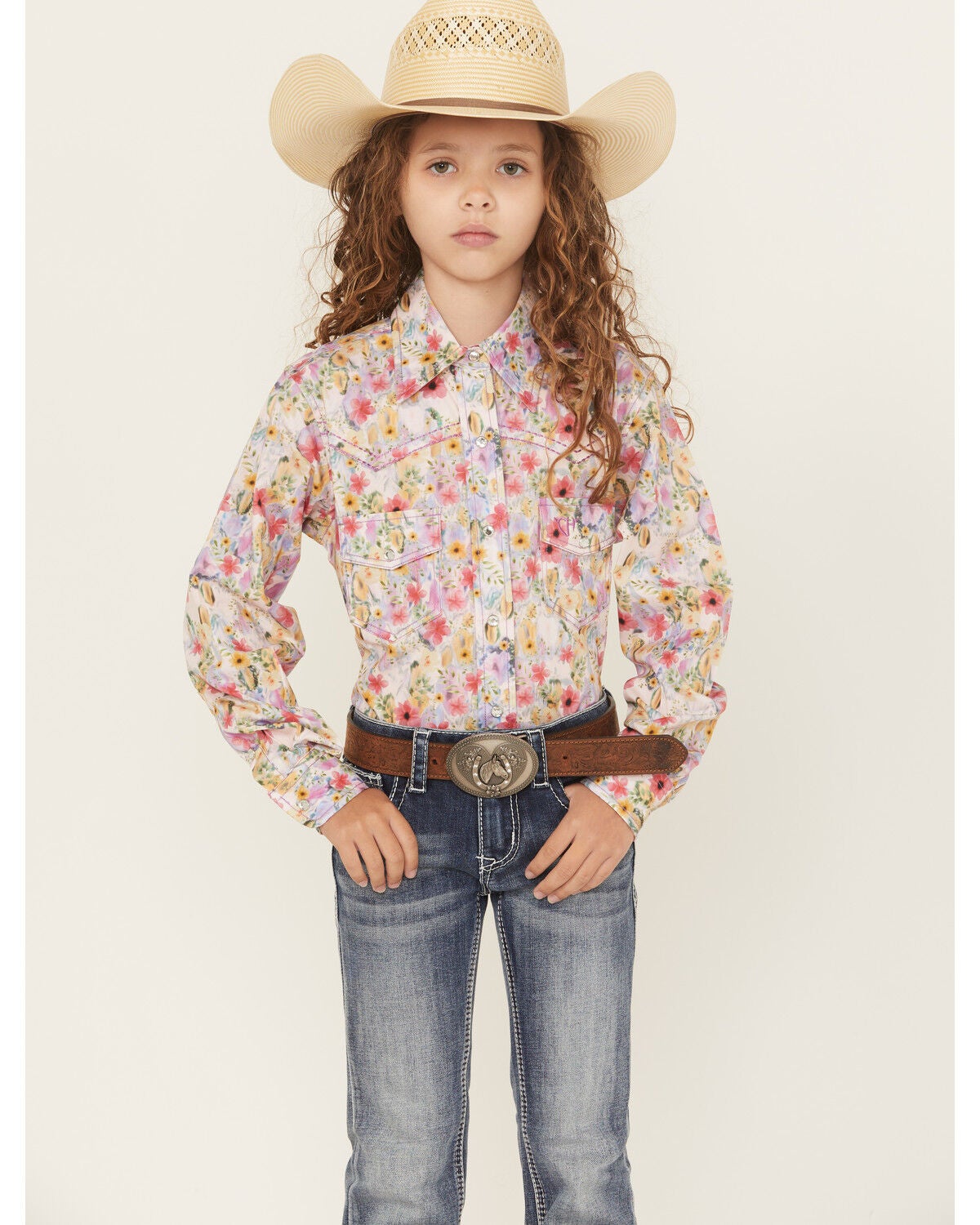 Cowgirl Hardware Girls' Floral Print Long Sleeve Rhinestone Snap Stretch Western Shirt, Pink, hi-res