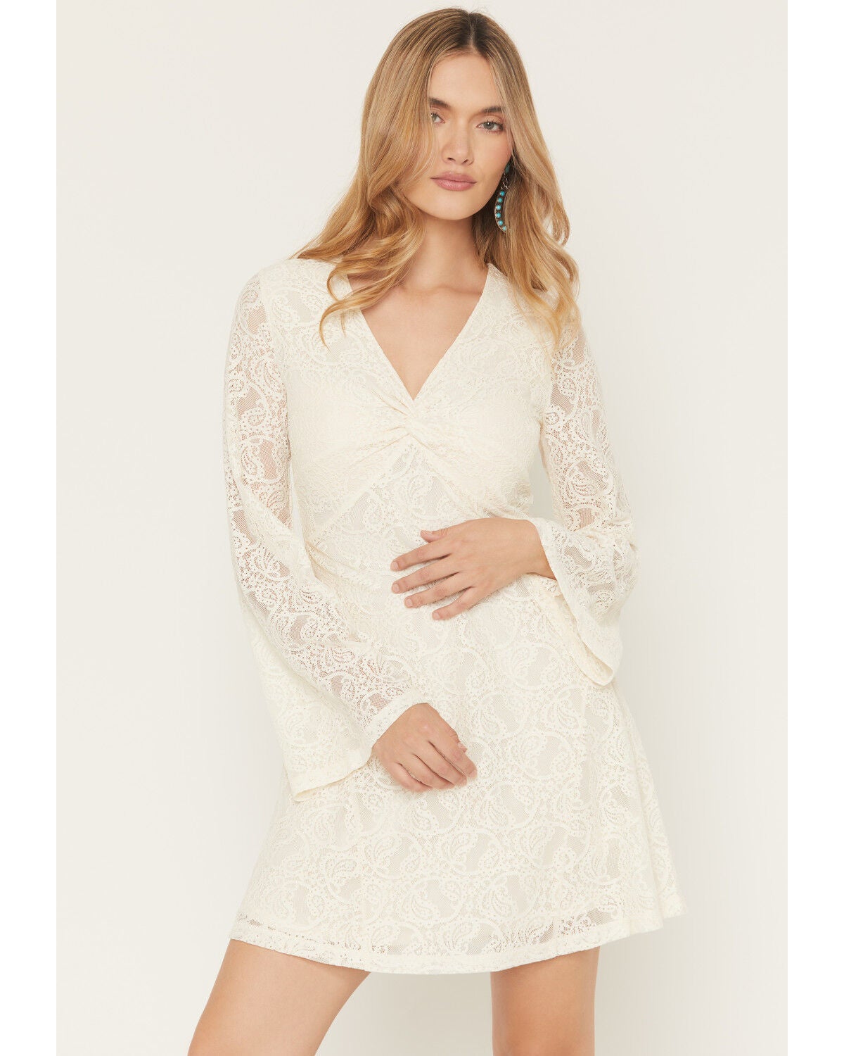 Shyanne Women's Long Bell Sleeve Lace Mini Dress, Cream, hi-res