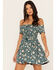 Shyanne Women's Floral Print Smocked Off Shoulder Dress , Deep Teal, hi-res